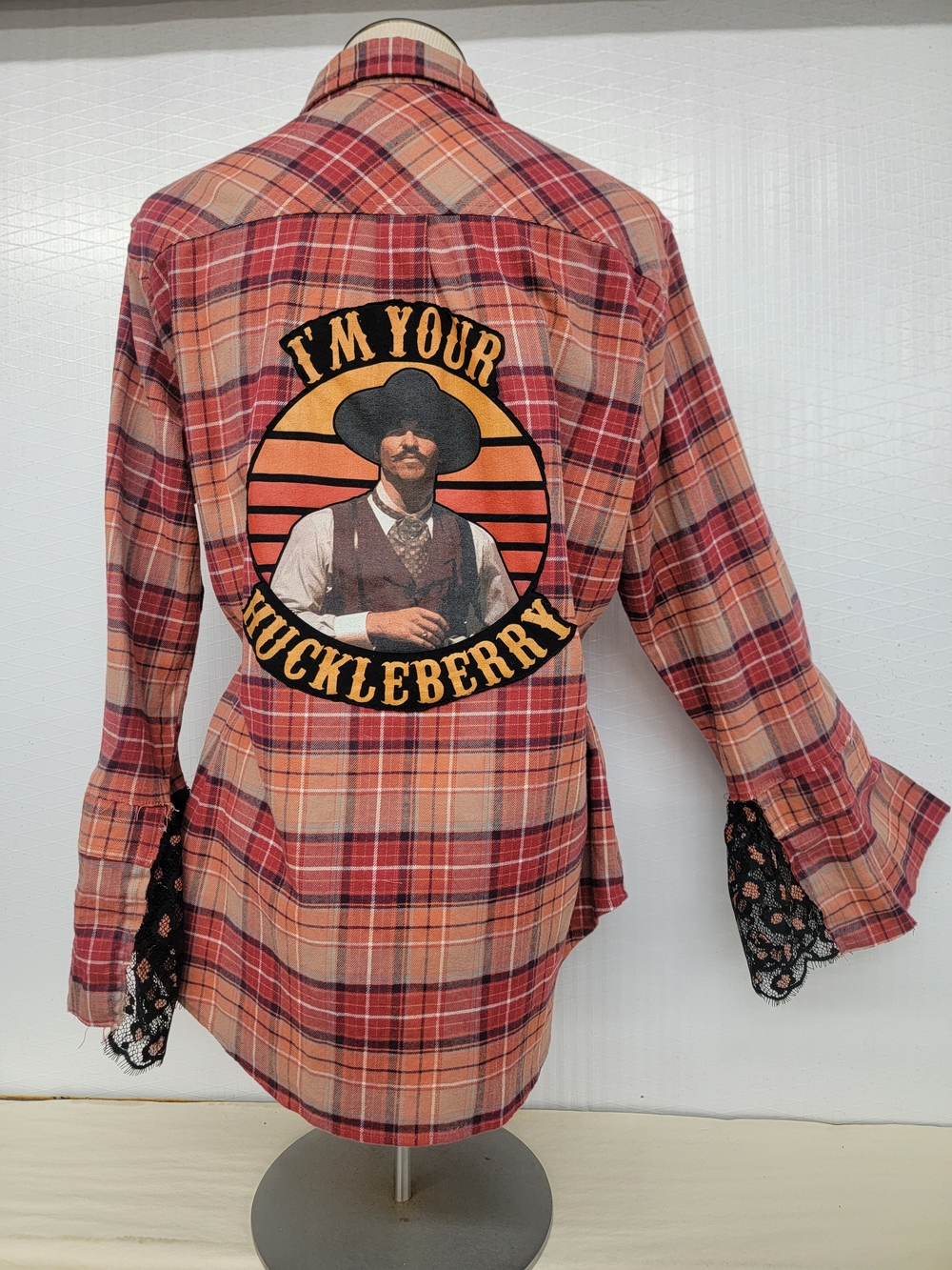 'I'm Your Huckleberry' Flannel Shirt With Gypsy Bell Sleeves - Upcycled